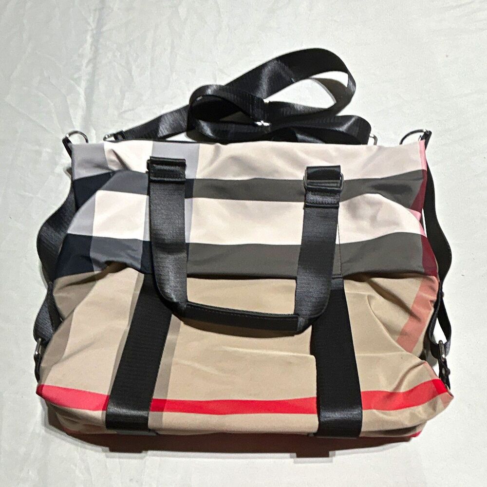 Plaid Nylon Canvas Crossbody Shoulder Tote Bag Black Red Stripe Duffle Travel